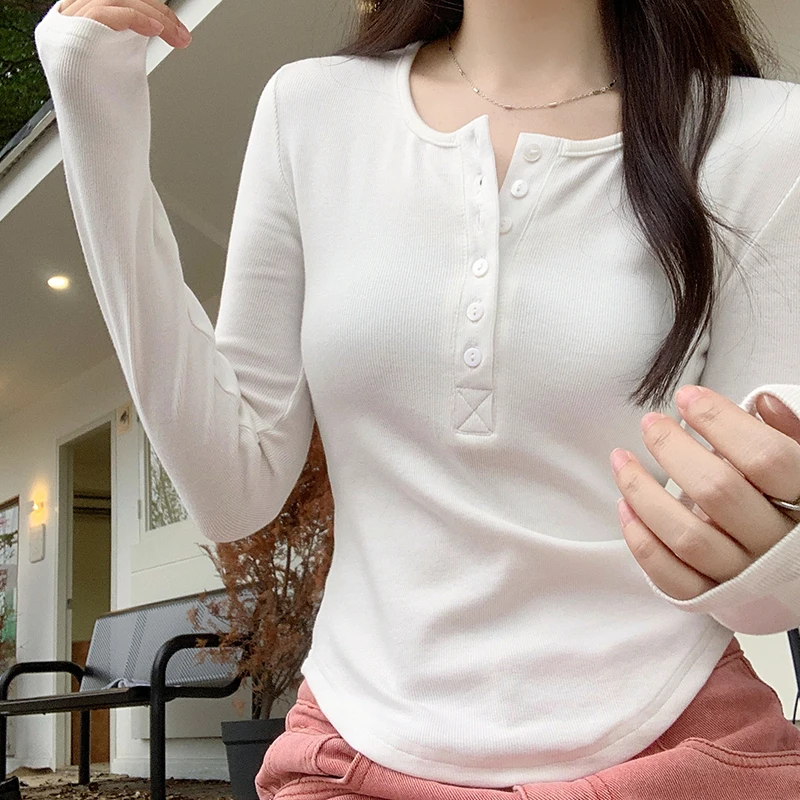 Однотонная Повседневная футболка на пуговицах с круглым вырезом и длинным