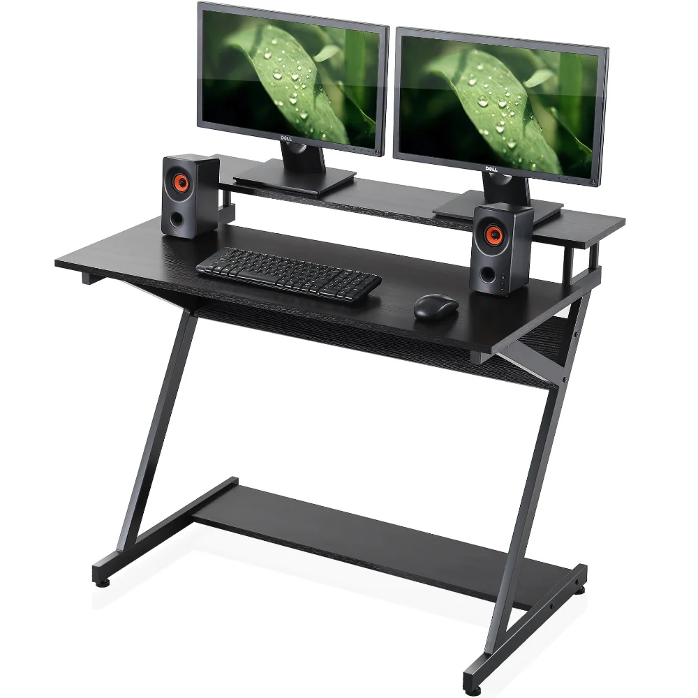 

Unique Z-Shaped 40" Computer Desk with 2-Monitor Shelf & Bottom Storage Shelves for Small Space, Compact Study Writing Table