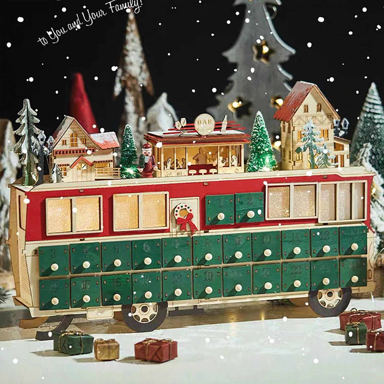 

Christmas Wooden Advent Calendar Light Up Bus Shape Holiday Table Decoration with Countdown Drawer Navidad Natal New Year 2023