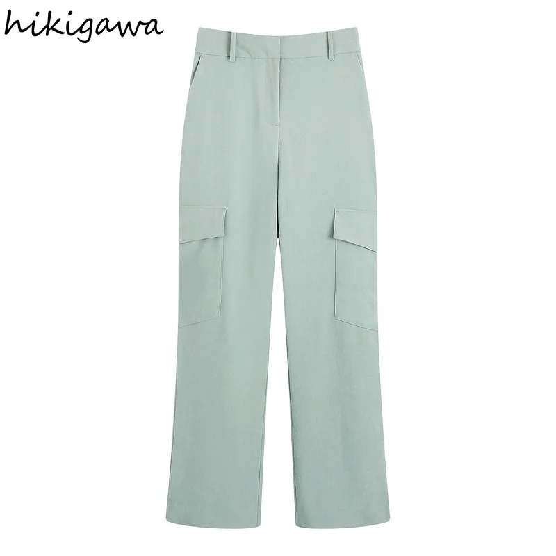

Hikigawa Cargo Pants Women Soft Touch Vintage High Waist Zipper Fly Side Pockets Female Streetwear Loose Straight Pant Mujer