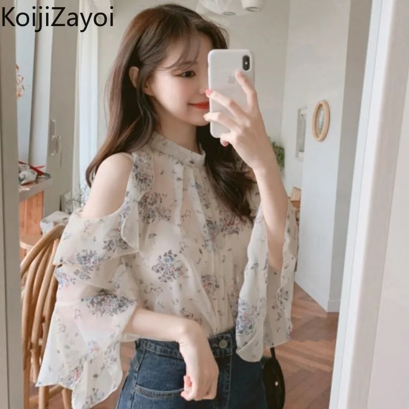 

Koijizayoi Chiffon Women Vintage Floral Blouse Fashion Lady Chic Korean Shirt Off Shoulder Ruffles 2022 Summer Blusas Dropship