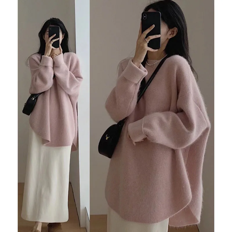 

Solid Color Pullover Loose Knitted Sweater Women's Autumn and Winter Thickened Niche Design Urban Side Slit Lazy Trendy Pullover