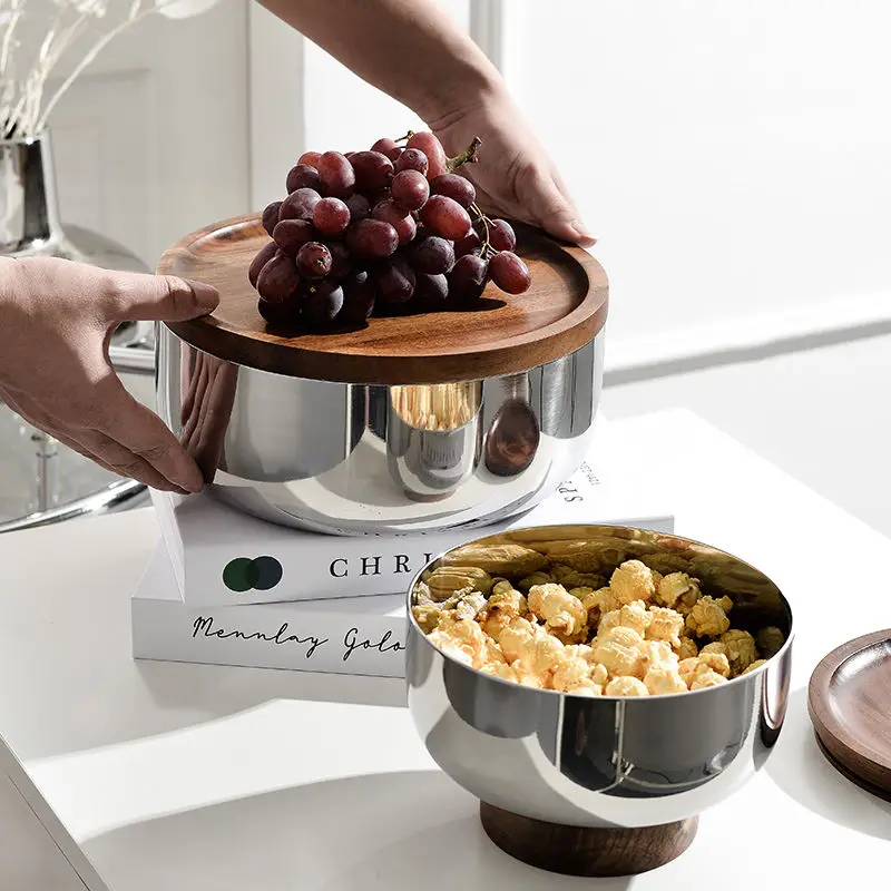

Stainless Steel Storage Tray Fruit Plate Snack Nut Storage Bowl with Wooden Lid Home Living Room Wedding Party Table Decoration
