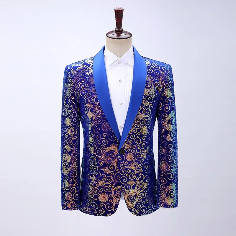 

Men's Velvet Cloud Pattern Color-Blocking Sequin blazer Host Singer Dress Sapphire Stage Performance blazer