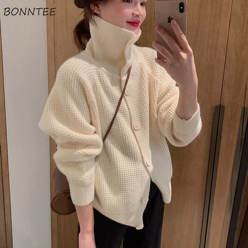 

Cardigan Women Turtleneck Design Trendy Solid Ulzzang Female Simple Student Vintage Cozy Elegant Basic Knitting Sweater Autumn