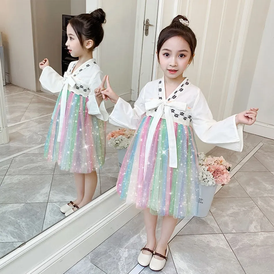 

Girls Cute Dress Chinese Style Kids Folk Dance Performance Clothes Children Traditional Han Clothing Teenager One-Piece 3-10Y