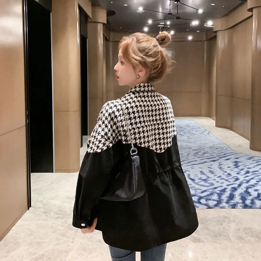 

2022 Autumn Loose Casual Zipper Chic Lady Coat Vintage Womens Jacket Korean Fashion Houndstooth Spliced Lace-Up Female Outerwear