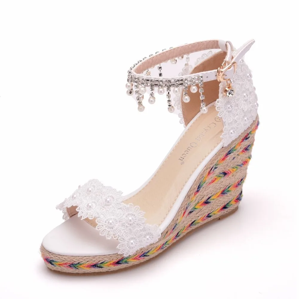

Crystal Queen 9cm Peep Toe High Heel Sandals White Lace Wedges Shoes Plus Size 33-42