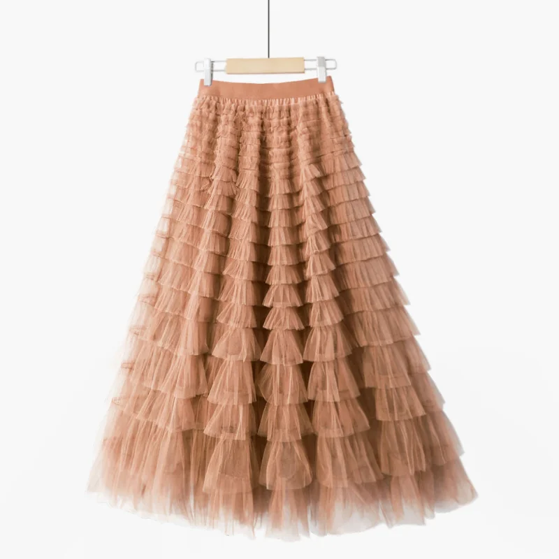 

Elastic High Waist Layer Cake Fresh Sweet Coffee Skirts Female Cake Princess Long Tulle Skirt for Women 2023 Spring Summer New