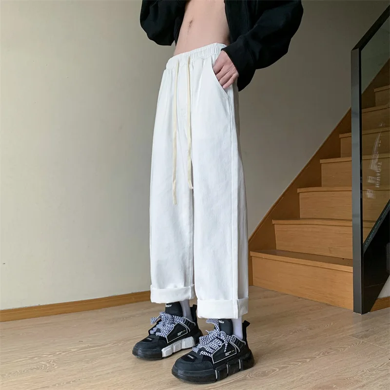 

6 Color New White Jeans Men's Elastic Waist Baggy Straight Drawstring Washed Wide-leg Denim Trousers Blue Black Oversized 3XL