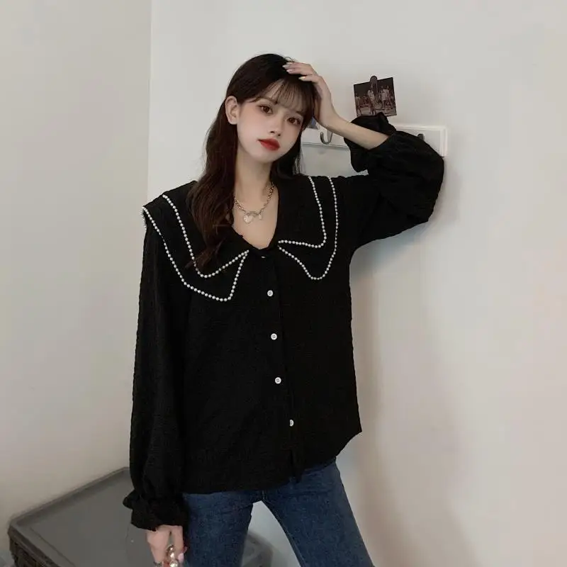 

Spring New Solid Loose Shirt Tops Long Sleeve Peter Pan Collar Black 90s Blouse Fashion Elegant Youth Women Clothing