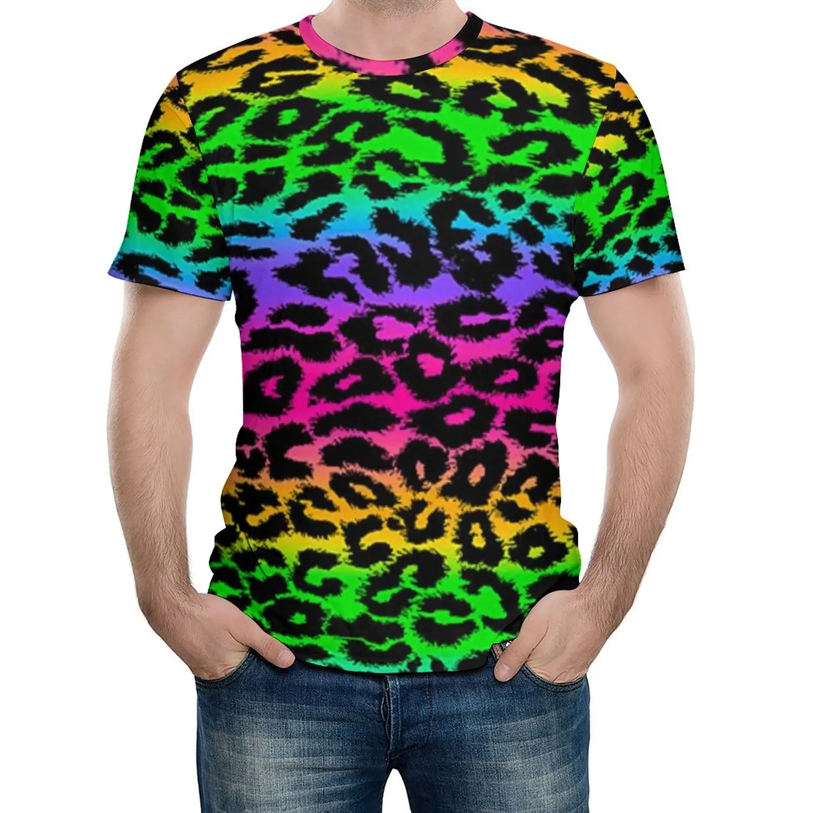 

Retro 80S T-Shirt Leopard Rainbow Print Trendy T Shirts Short Sleeve Design Tops Cheap Summer Y2K Big Size Clothing