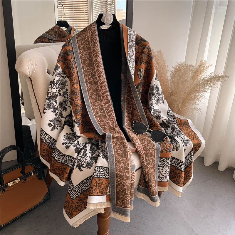 Модный толстый кашемировый женский шарф, зимнее теплое большое одеяло из пашмины, палантины с принтом Bufanda, шаль, пончо, шарфы
