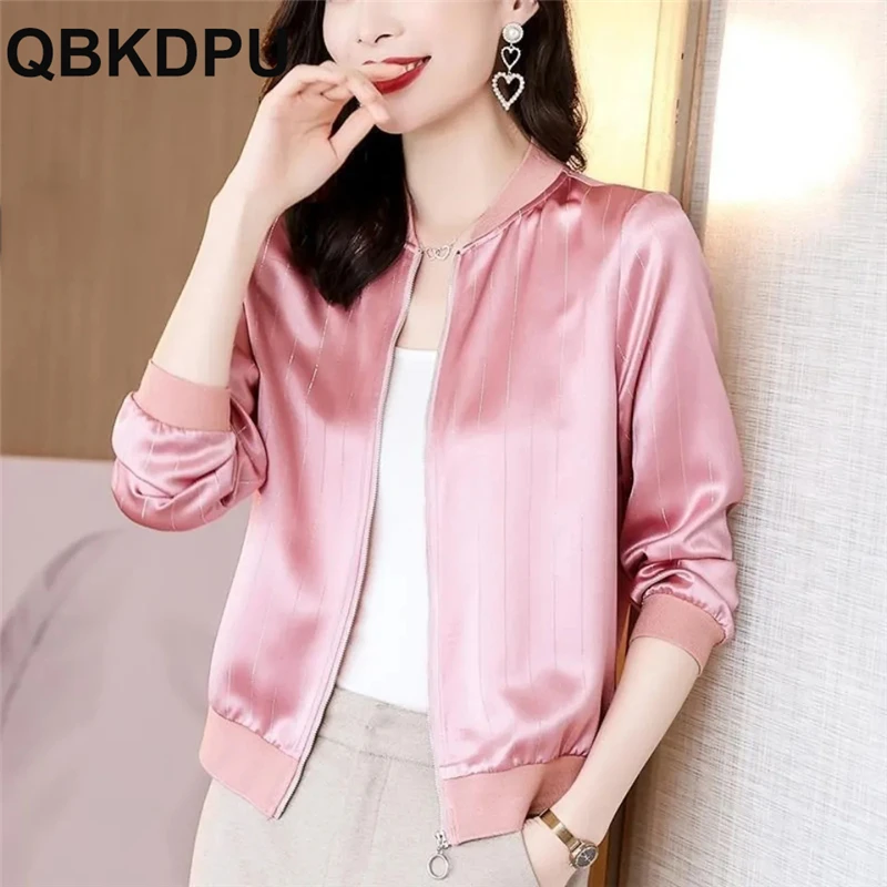

Классические шикарные розовые полосатые слитные куртки из имитации атласа, женские повседневные милые Мешковатые пальто, Весенняя Корейск...