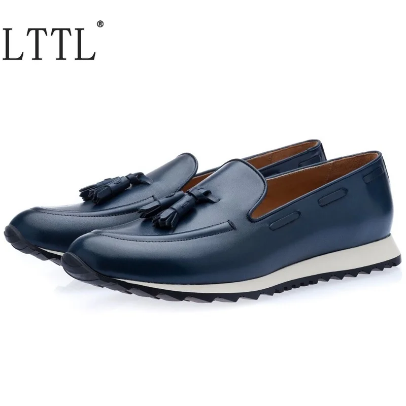 

New Fashion Blue Soft Genuine Leather Tassel Shoes Men Handmade Antiskid Soles Loafers Men's Flats Driving Shoes