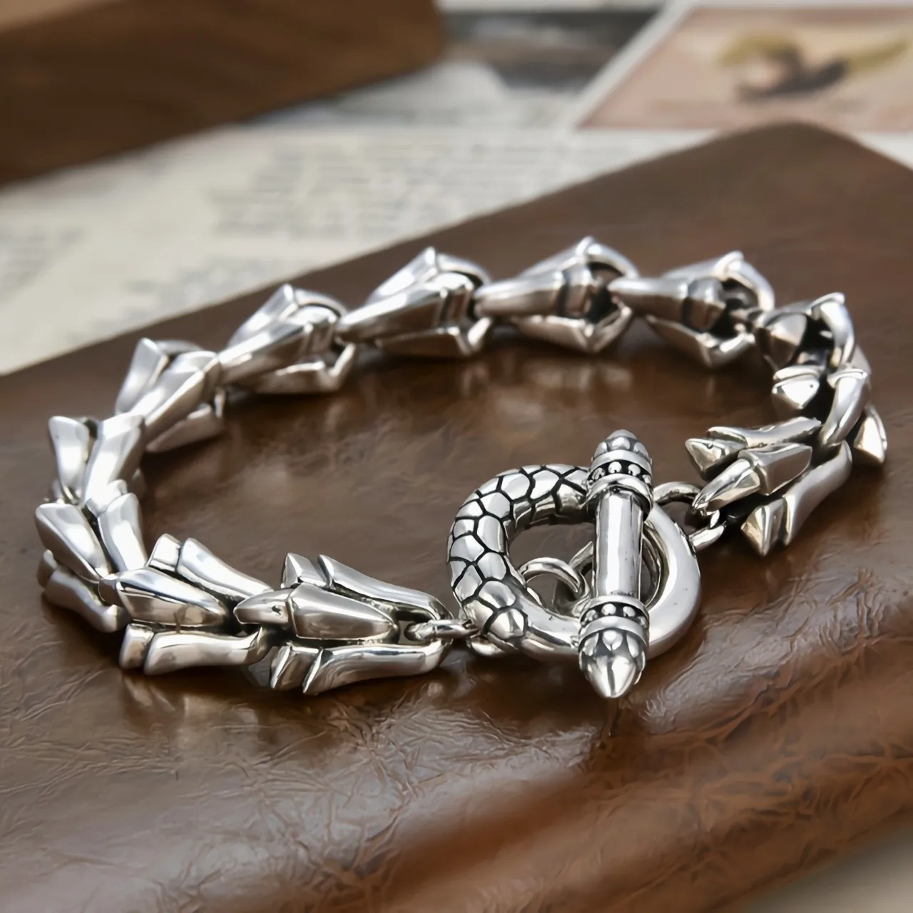 

Sterling Silver S925 Men's Dragon Bone Bracelet Dragon Men's Handmade Exaggerated Punk Personality Hip Hop