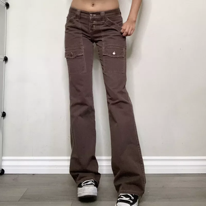 

jeans woman Retro Streetwear Button Up Low Rise Jeans with Pockets Indie Aesthetics Full Length Brown Denim Trousers 90s Outfit