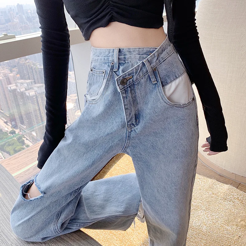 Gasparine Straight Ripped Jeans for Women Loose Wide Leg Pants Vintage Asymmetrical High Waist Mom Jeans Casual Streetwear 2023