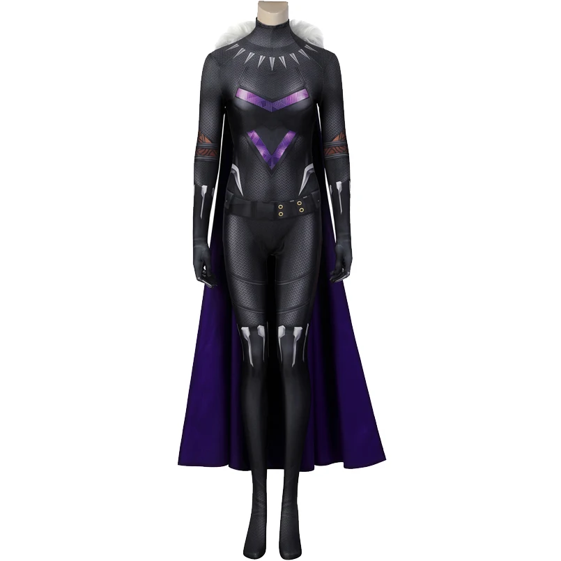 

Adult Women Halloween Carnival Female Panther Battle Outfit Wakanda Forever Cosplay Shuri Printing Jumpsuit With Cape