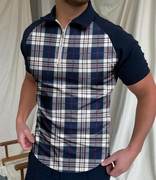 

Fashion New Men's Golf Polo Shirt Colored Collar Street Casual Zipper 3D Checker Print Short Sleeve Top Summer Casual Breathable