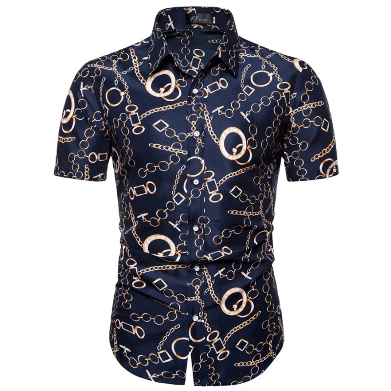

Summer 2022 New Man's Casual Short-sleeved Chain Print Shirt Men's Shirt Camisas De Hombre Korean Clothes
