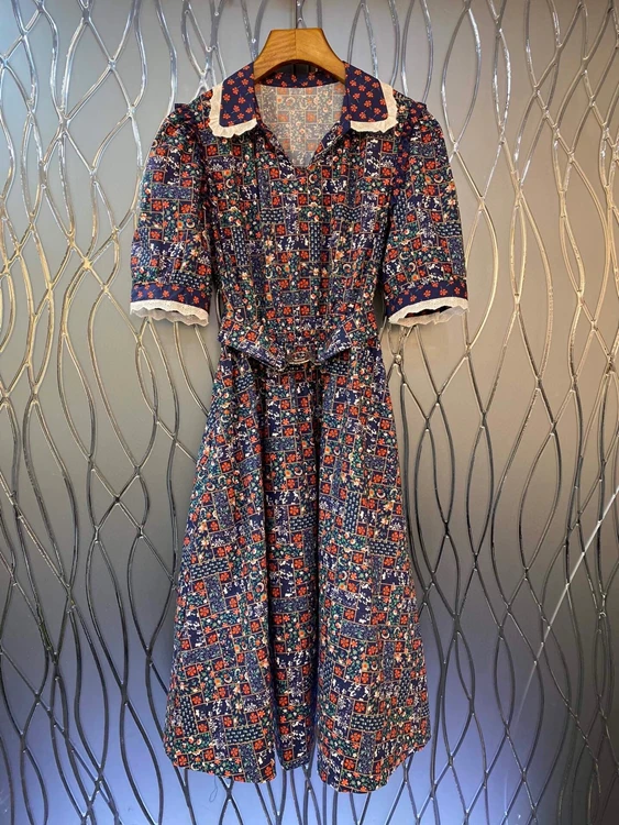

2022 new women fashion print floral belt slim A-line skirt dress 614