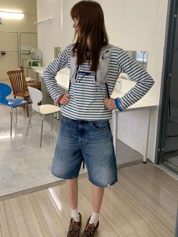 Джинсовые шорты с высокой талией для женщин мешковатые до колена синие свободные