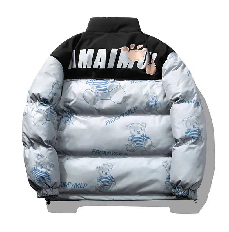 Fashion Winter Spring Jacket Men Parkas Warm Streetwear Coat Mens Stand Collar Bear Print Zipper Snow Coat Men Outwear Cute