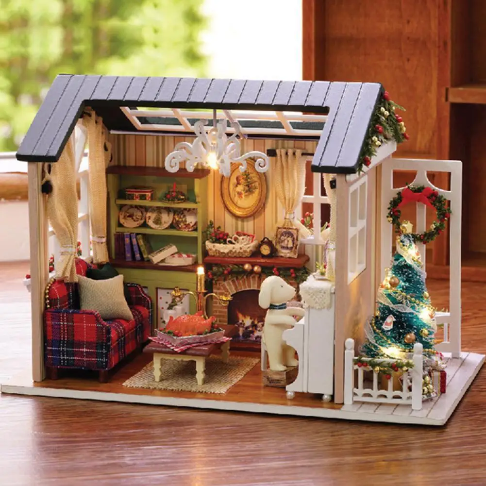 

Сборный комплект для деревянного дома «сделай сам», деревянный миниатюрный аккумулятор) и игрушки (без дома, клей, светодиодные фонари, мебе...