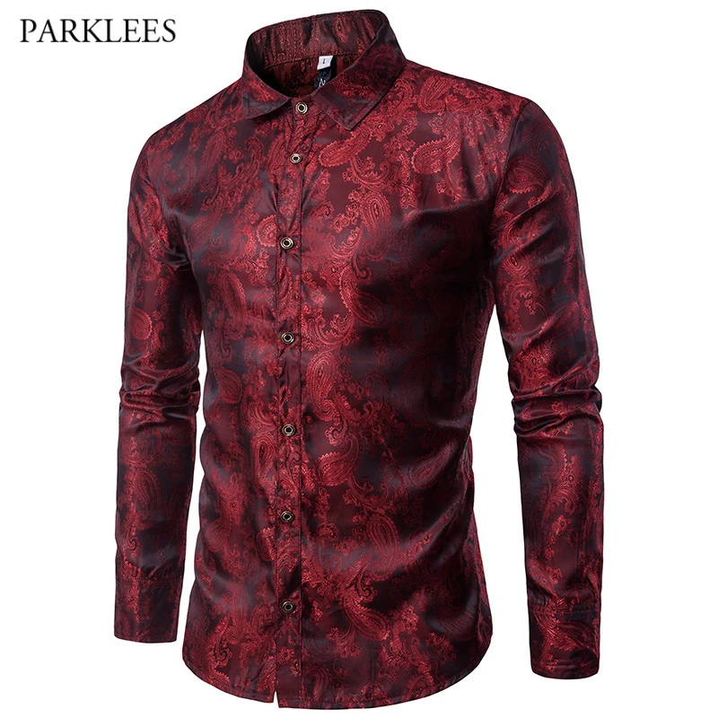 

Men's Business Dress Shirts Jacquard Long Sleeve Formal Button-Down Collar Social Slim Fit Silk Shirt Autumn Man Casual Blouse