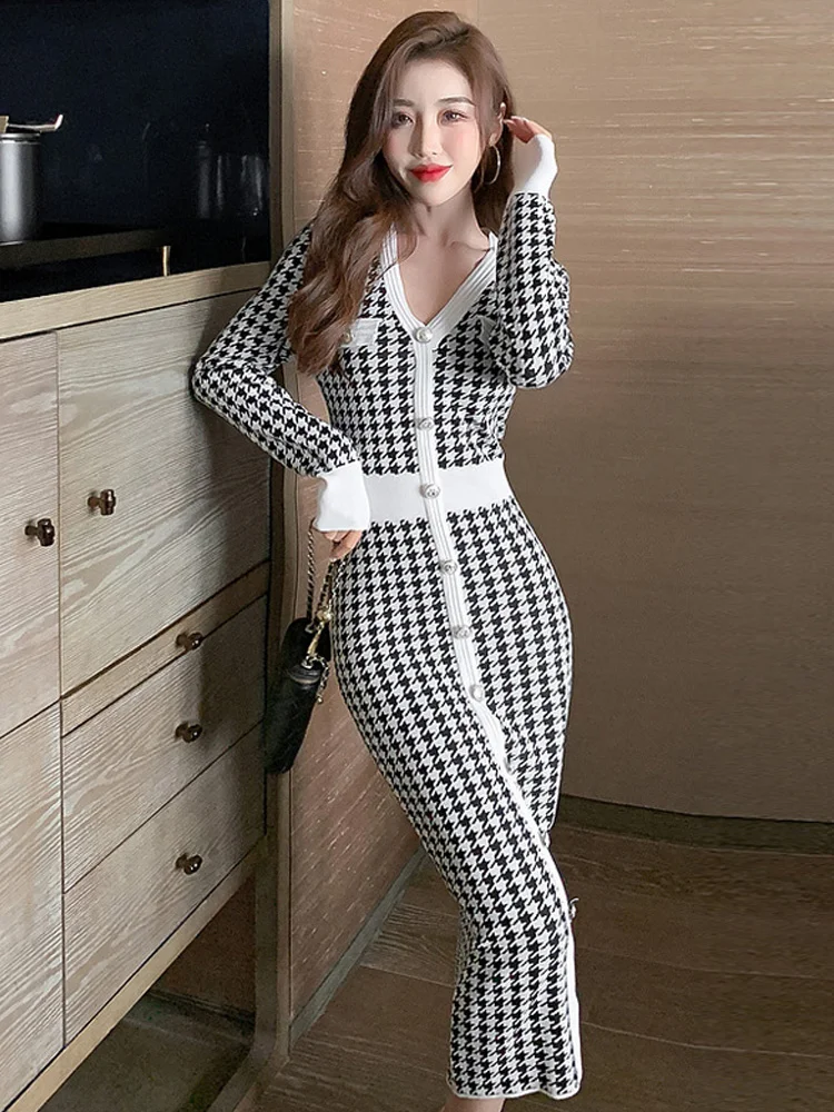 

Autumn Winter Houndstooth Knit V-Neck Long Sleeve Dress Women Bird Lattice Slim Bodycon Buttons Long Dresses Ealrl Spring