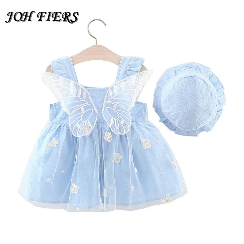 

0-3T Baby Girl Dress Summer Princess Butterfly Wing Angel 1 2 3 Year Birthday Party Dress with Hat 2pcs/Set Clothes Newborns