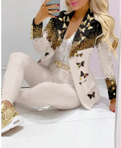 

2022 Spring Autumn Long Sleeve Outfits Sexy Solid Office Lady Two Pice Sets Notched Collar Button Top Blazer and Long Pants Suit