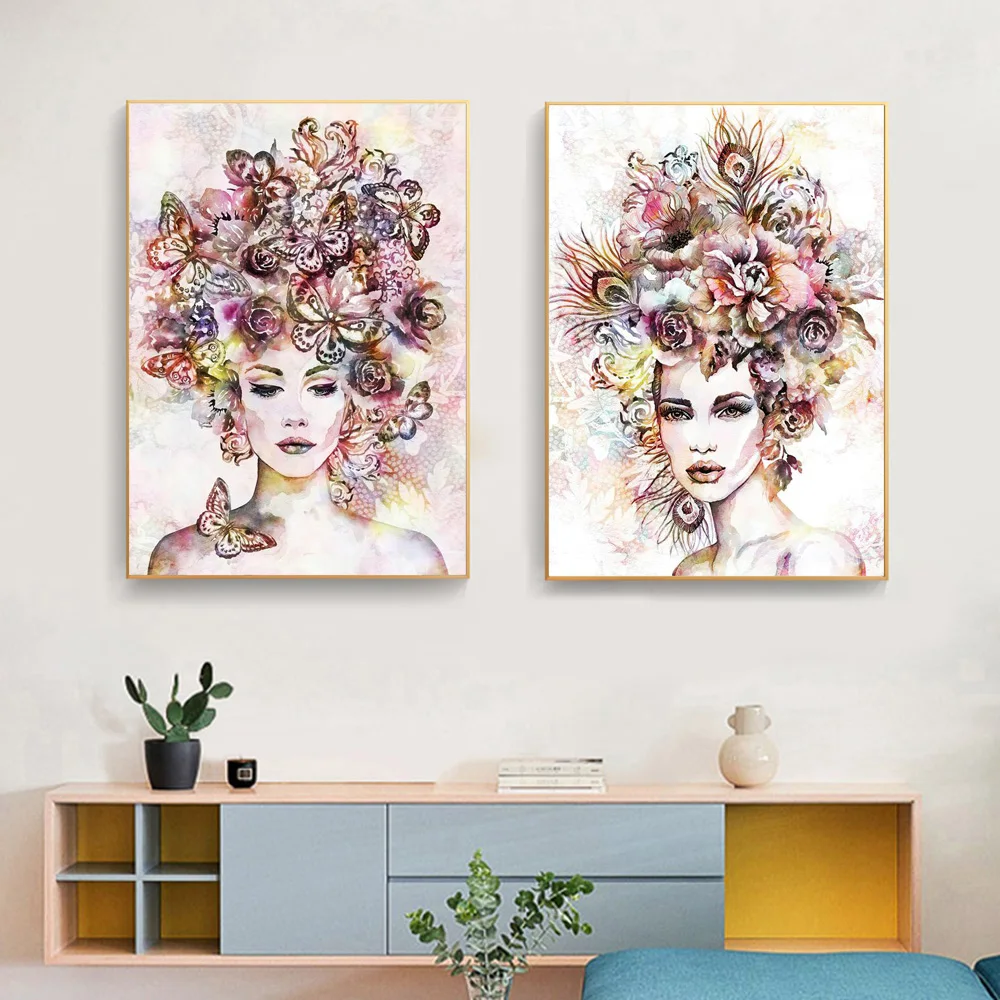 

Butterfly Flower Woman Portrait Watercolor Poster And Prints Bohemian Girl Art Decor Canvas Wall Painting For Living Room