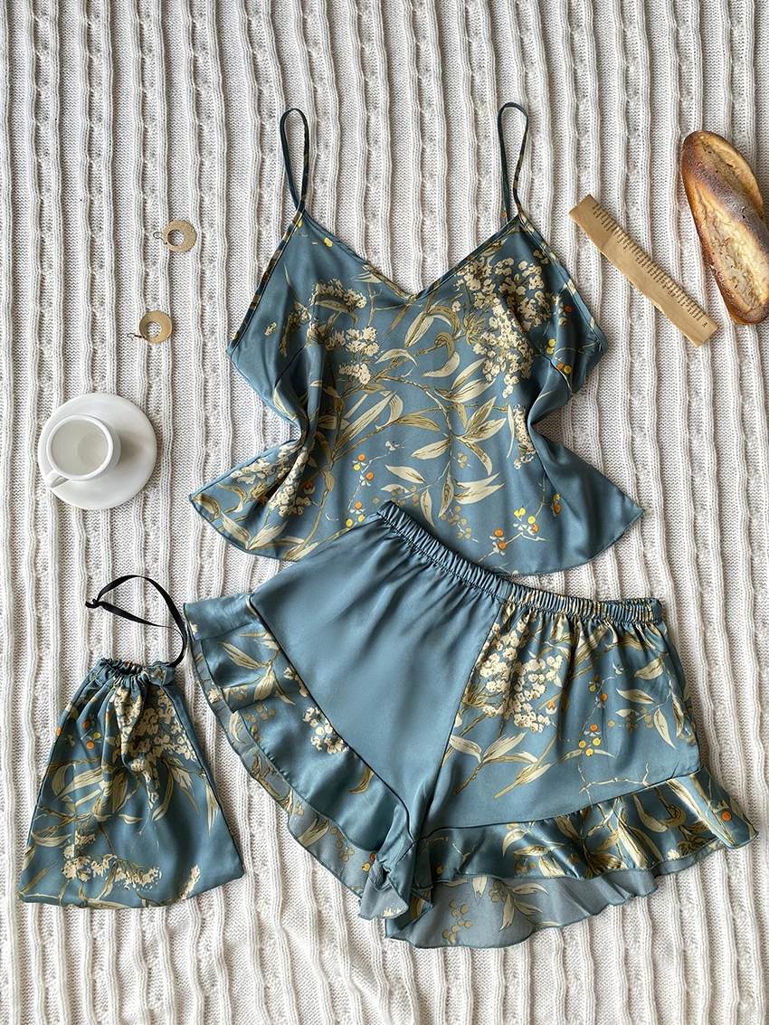 

Marthaqiqi Fashion Printing Women'S Pajama Set Sexy Crop Top Nightwear Spaghetti Strap Sleepwear Pleated Shorts Home Wear Suit