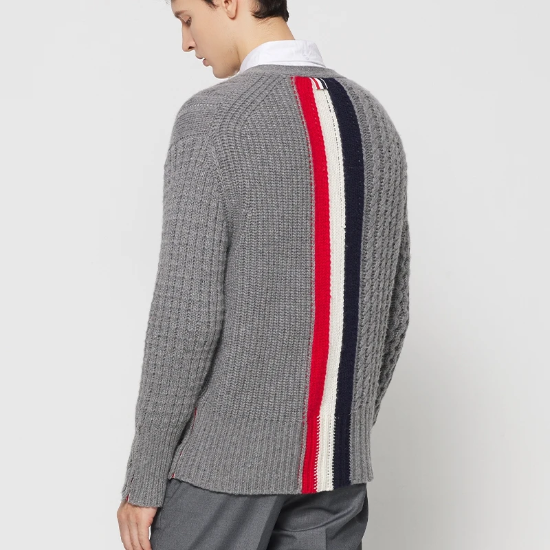 TB THOM Men's Wool Thick Sweater With 2 Pockets Red-white Stripe Stitching Knitted Coat Luxury Brand Women Men Cardigan Sweaters