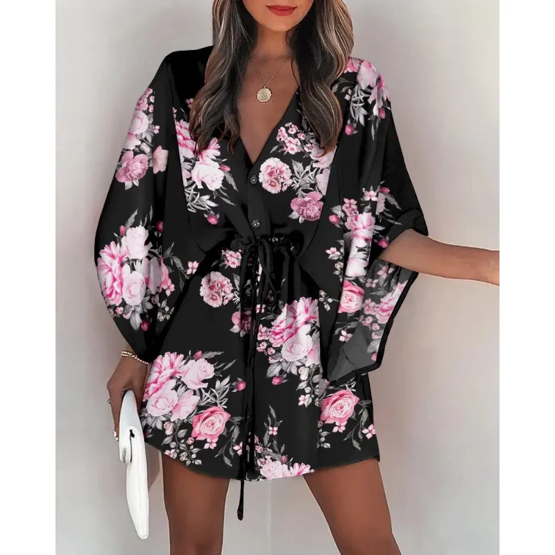 Casual Sexy Printed Nightgown Women's 2023 Summer Loose V-neck Batwing Sleeve Lace-up Dress Can Be Worn Outside Home Clothes
