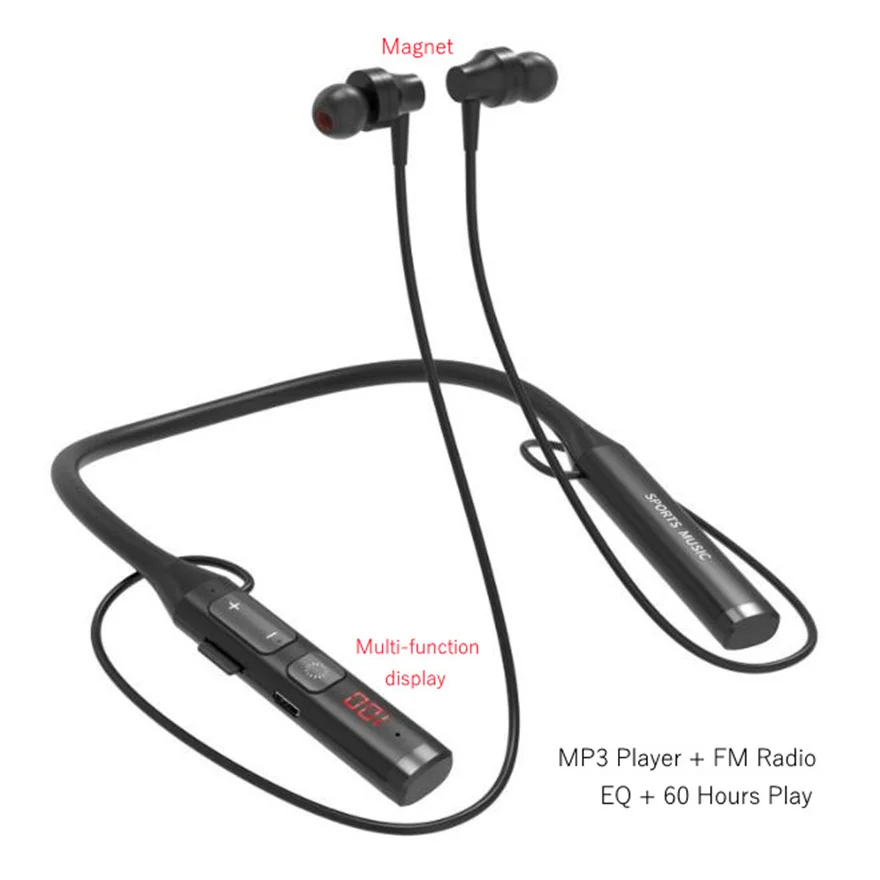 

Neck Band Bluetooth Earphones Waterproof Wireless Magnetic Headphones Mp3 Player With Fm Radio Eq Multi Function Display Headse