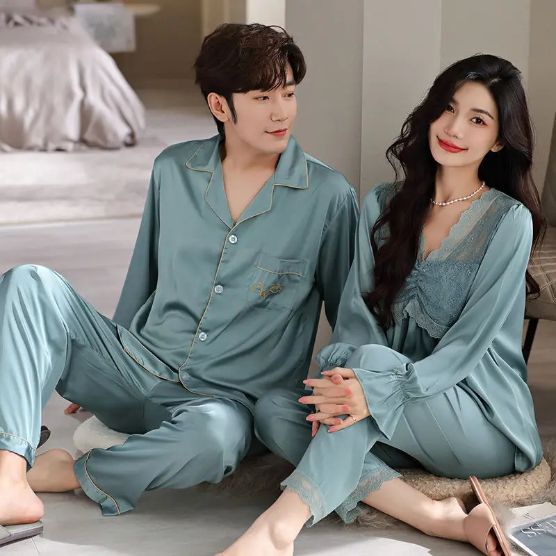 1 Spring and autumn couple pajamas Women's silk long-sleeved summer home wear Men's ice thin large suit