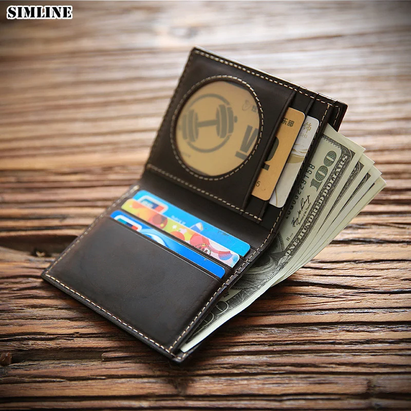 

New 2020 Genuine Leather Wallet For Men Crazy Horse Leather Handmade Men's Purse Short Bifold Wallets With Card Holder Male