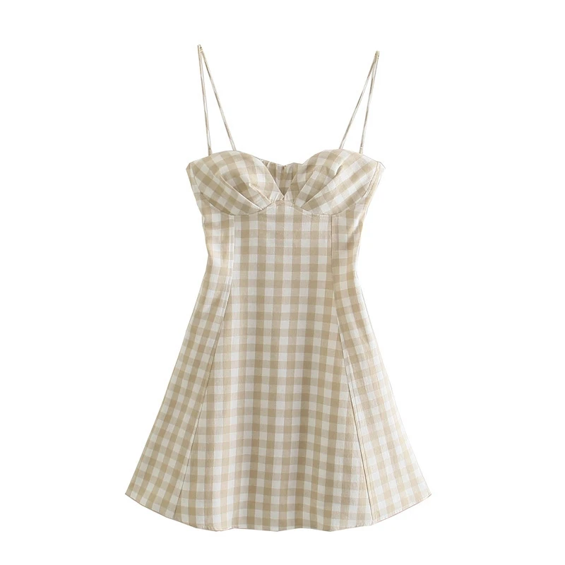 

2022 Summer Women Plaid Print Sling Dress Sleeveless Backless Bandeau Fashion Casual Slim Fit Dress Vestido