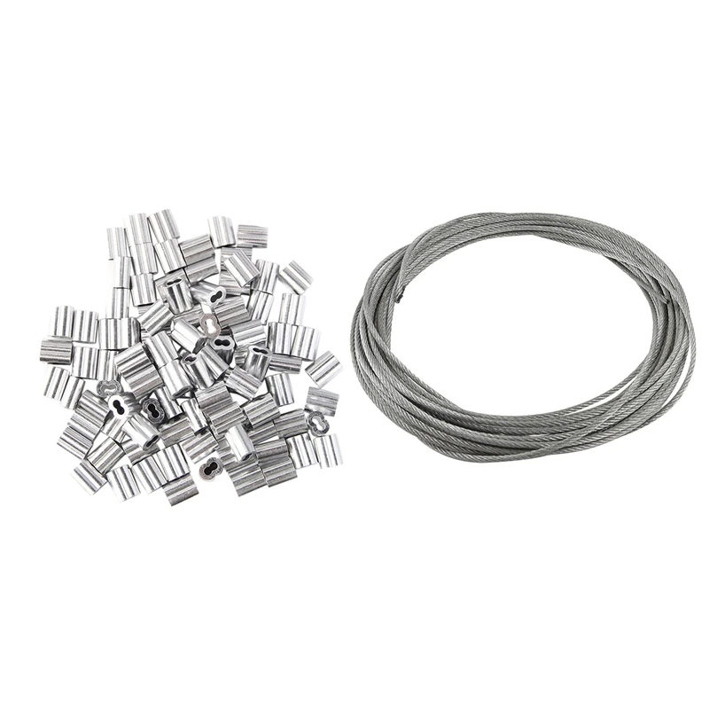 

101 Pcs Accessories: 1 Pcs Flexible Stainless Steel Wire Rope Cable & 100 Pcs Aluminum Crimping Loop Sleeve, For 3Mm Diameter Wi