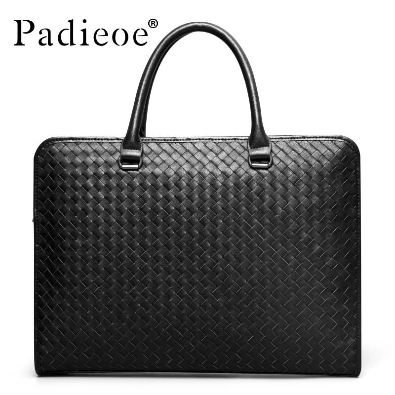 PADIEOE Men's Briefcase Business Document Bag Leather Computer Bag Handbag Men's Woven Cowhide Men's Bag