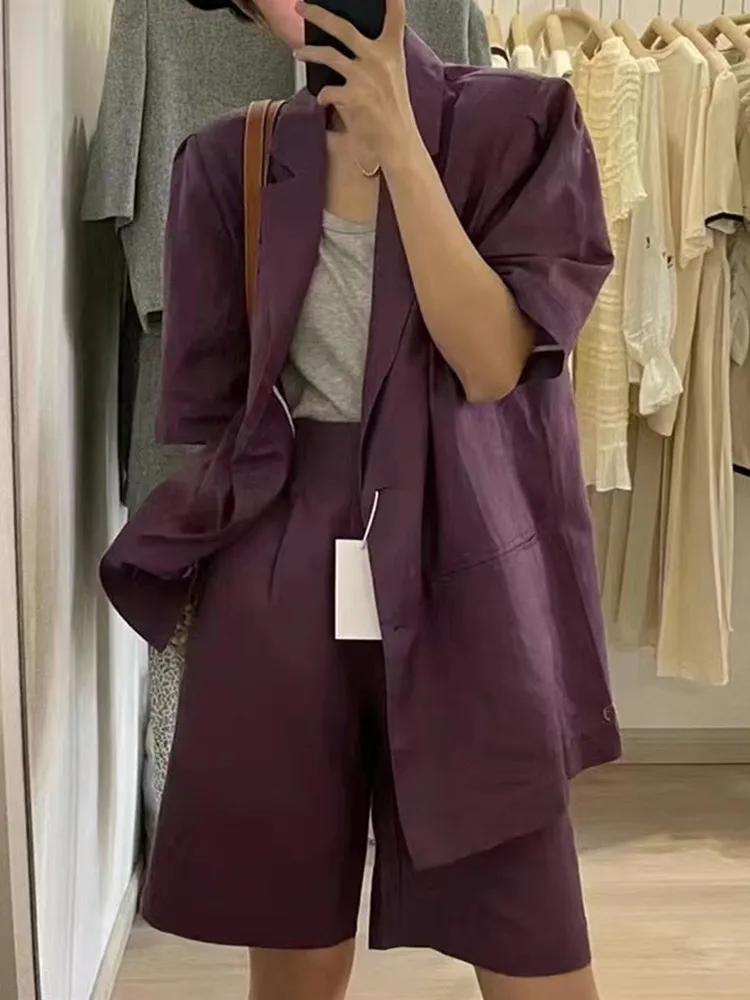 

Korean Fashion Blazer Suits for Women 2 Two Piece Set Outfits Short Sleeve Suit Jacket Coat + High Waist Shorts Ensemble Femme