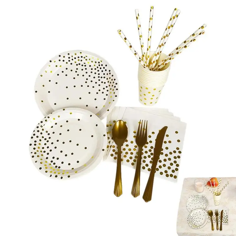 

Party Dinnerware Set Paper Tableware Plate Dinnerware Reception Kit Party Dinnerware Set With Gold Foil Polka Dot Pattern For