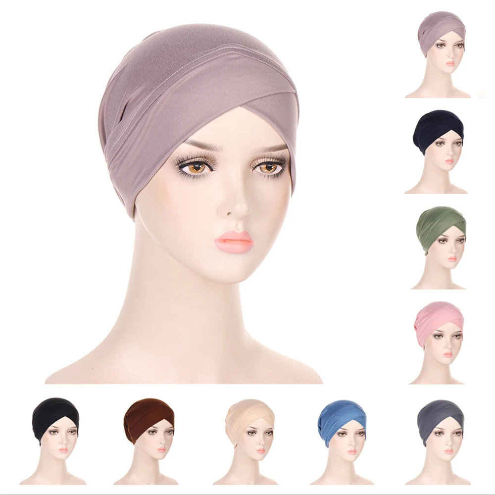 

Soft Women Muslim Hijab Inner Hat Bonnet Plain Cross Underscarf Islamic Arabic Beanies Stretchy Chemo Cap Cancer Turbante Mujer