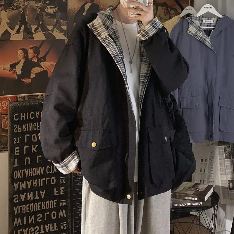 

Basic Jackets Women Hooded Harajuku Plaid Coats 2022 Female Baggy Oversize Ins Zipper Street Tops Unisex BF High Cargo Jacket