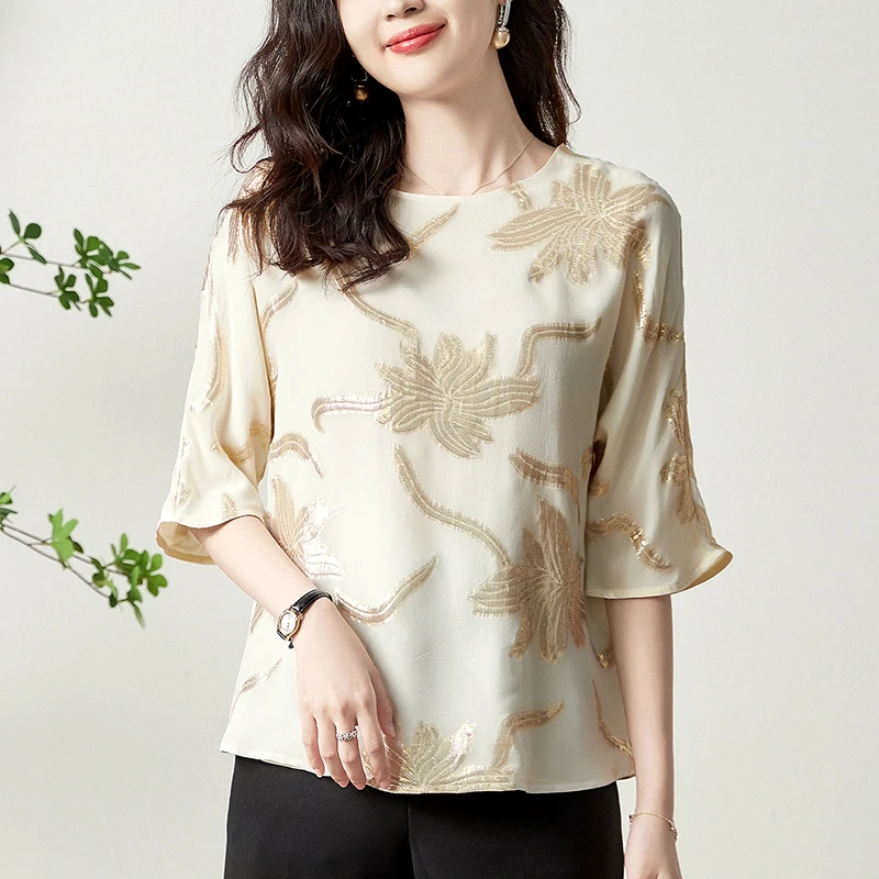 2022 Summer Women's Vintage Shirts Blouses Elegant O-neck Half Sleeve Woman Floral Shirt 100% Real Silk Female Blouse Tops Loose