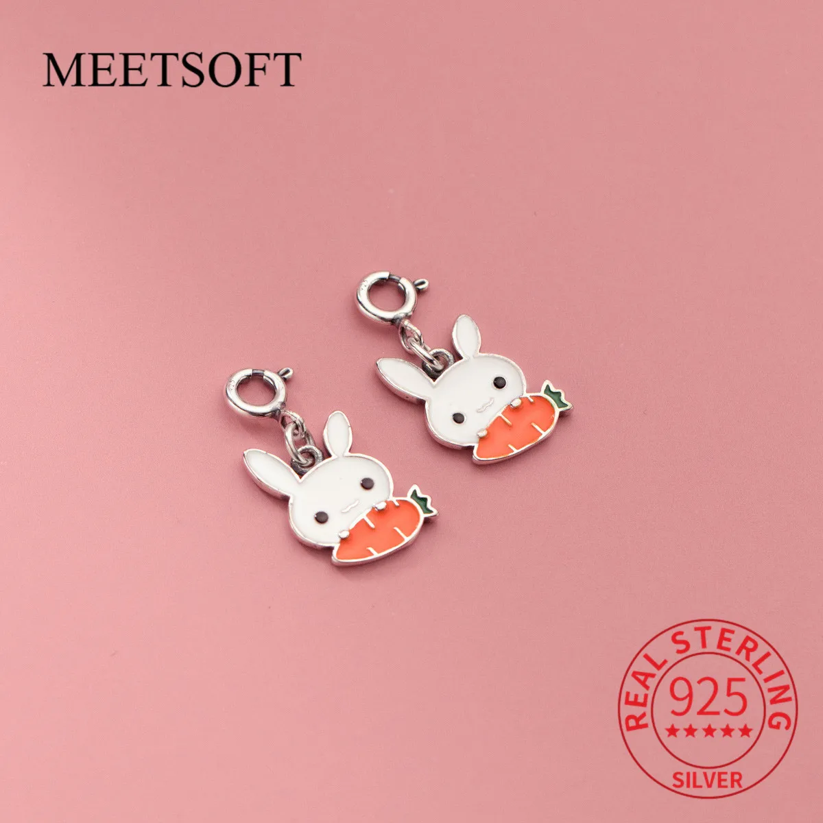 

MEETSOFT S925 Sterling Silver Cute Enamel Carrot Rabbit With Clasp Charms Of DIY Handmade Bracelet Necklace Accessory Wholesale