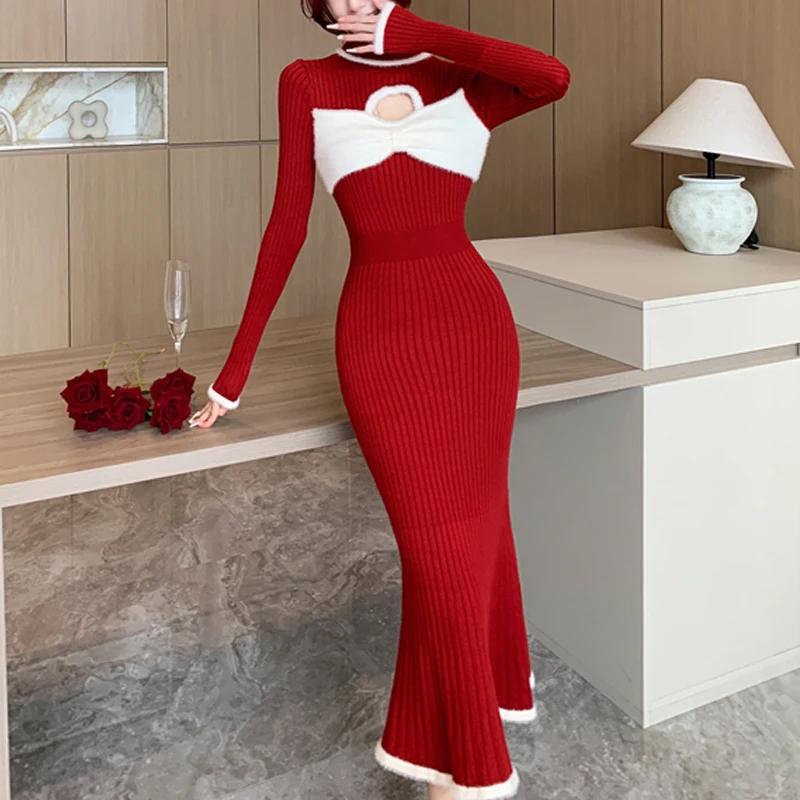 

2023 Women's Dresses High Neck Knitting Bowknot Is Sexy Thin And Color Blocked Fishtail Gentle Temperament Free Shipping